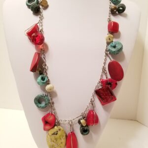 Red coral, yellow turquoise, wood and glace stones necklace