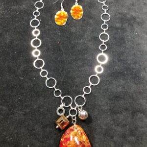 Resin Amber pendant on a silver plated chain 30" 2pc set