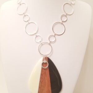 Silver plated metal with wooden pendant 26".