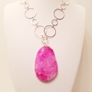 Silver plated metal with hot pink Agate pendant 26"