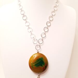 Silver plated metal chain with Condor Agate pendant. 26" necklace