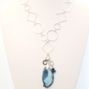 Silver plated metal chain with Amazonite pendant and charms 26"necklace