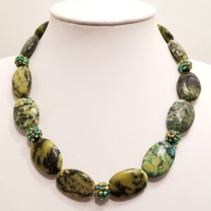 Yellow jasper and peafowl oval necklace