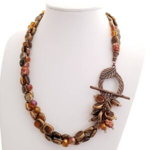 Assorted double strand beads with copper leaf toggle necklace 23"